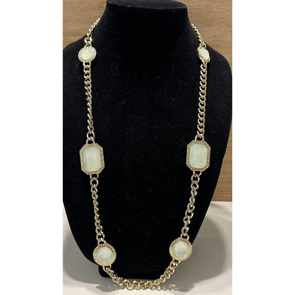 Thick Gold Tone Chain Necklace Rivoli Bead Long Statement